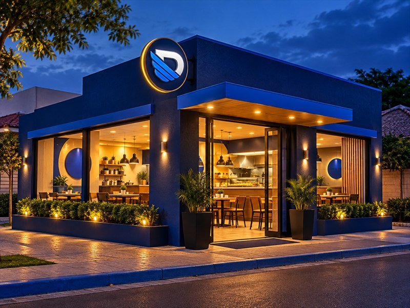 Ilustração de um restaurante iluminado à noite